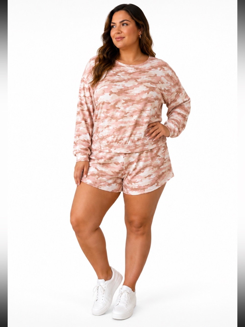 Tart Pink Camo Long Sleeve Top & Shorts Lounge Set - Size XL